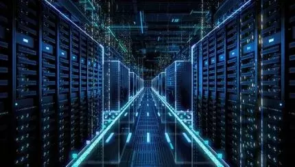 3D Render: Data Technology Center Server Racks in Dark Room with VFX. Detailed Visualization Concept of Internet of Things, Data Flow, Digitalization of Online Traffic. Information Storage Equipment.