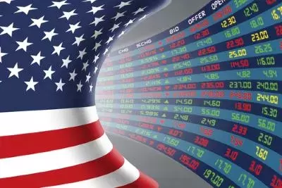 Flag of the United States of America with a large display of daily stock market price and quotations during normal economic period. The fate and mystery of US stock market, tunnel/corridor concept.