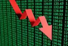 Red down arrow in front of a green screen of stock prices. 3D illustration of the crash of stock markets
