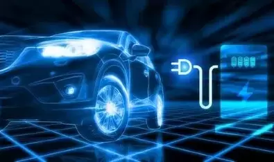EV car in futuristic vehicle concept. Electric car charging station and battery level icon. Future transportation. Futuristic autonomous car. Driverless autonomous vehicle. Self-driving car technology
