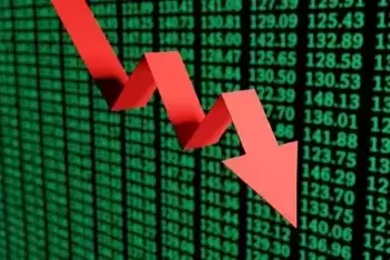 Red down arrow in front of a green screen of stock prices. 3D illustration of the crash of stock markets