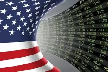 Flag of the United States of America with a large display of daily stock market price and quotations during economic booming period. The fate and mystery of US stock market, tunnel/corridor concept.