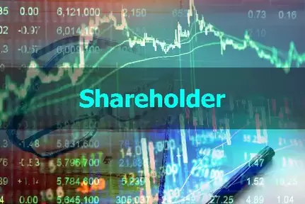 Stock chart with numbers in backgroud on dark background with shareholder across middle in green