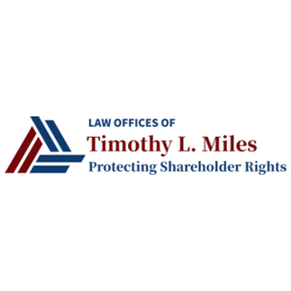 law firm logo for law offices of timothy l. miles, red and blue, says shareholder rights underneath